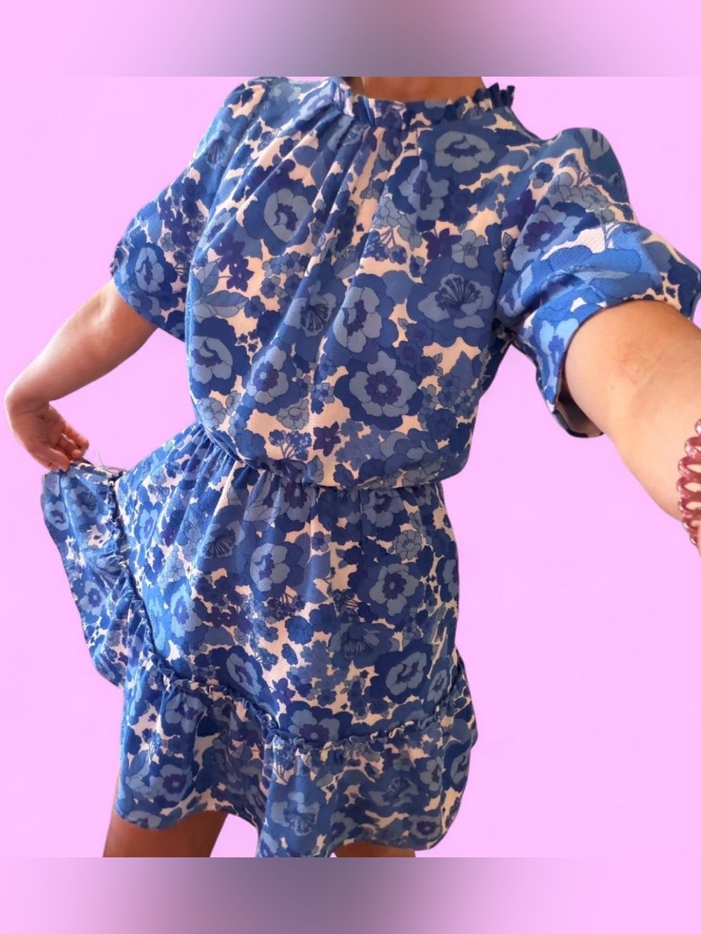 Blue Floral Puff Sleeve Mini Dress | Size Small